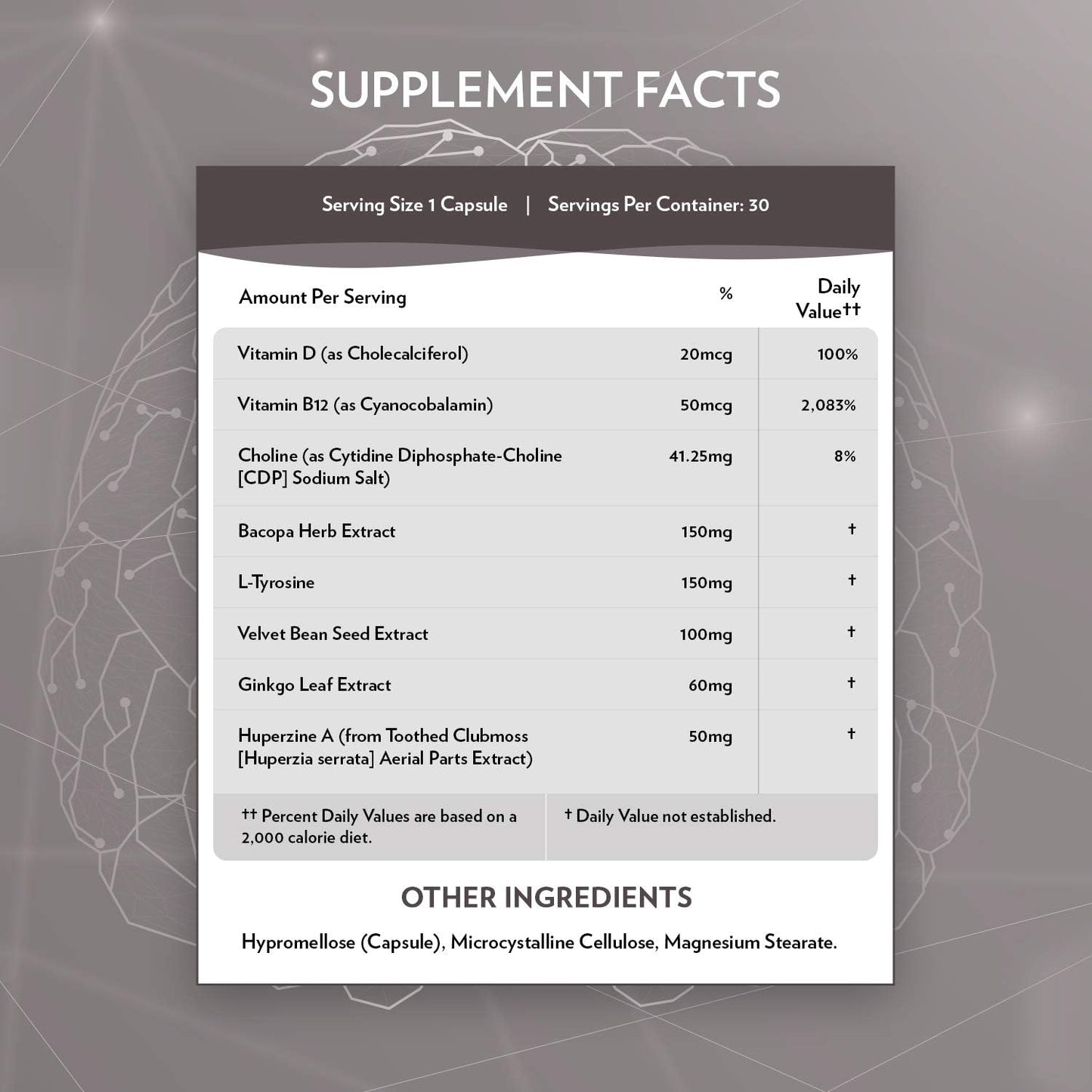 Terra Origin Brain Health Supplement Capsules - 30 Servings with CDP Choline, Ginkgo Biloba, Bacopa - Improves Memory, Recall, Function