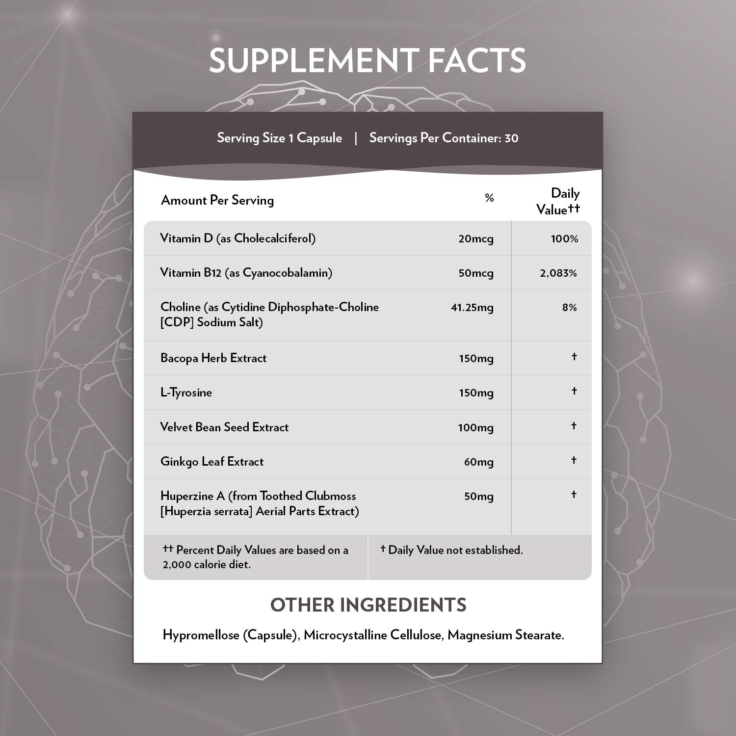 Terra Origin Brain Health Supplement Capsules - 30 Servings with CDP Choline, Ginkgo Biloba, Bacopa - Improves Memory, Recall, Function