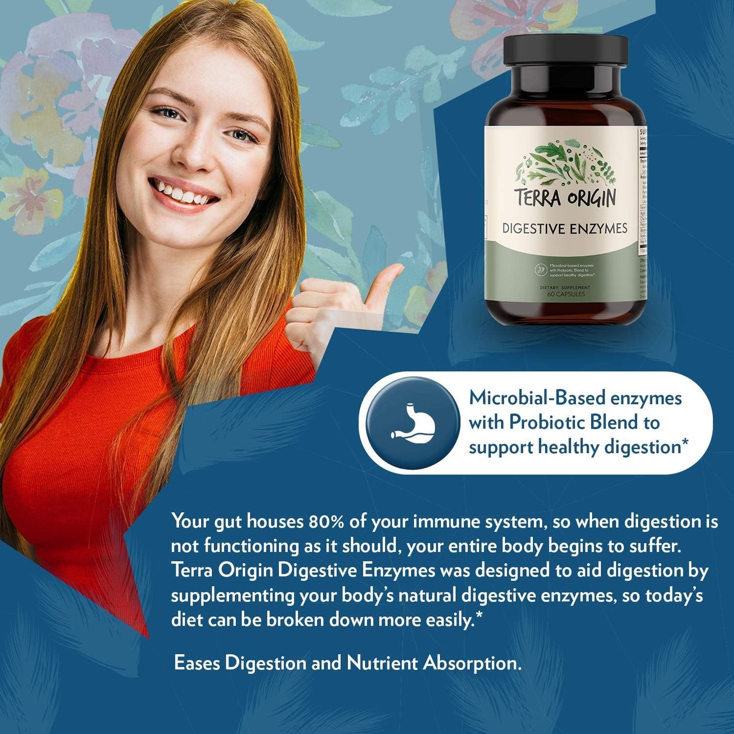 TERRA ORIGIN Digestive Enzymes and Probiotics for Healthy Digestion - Bromelain, Lactase, Amylase, Lipase - 60 Servings, Gluten-Free, USA Made