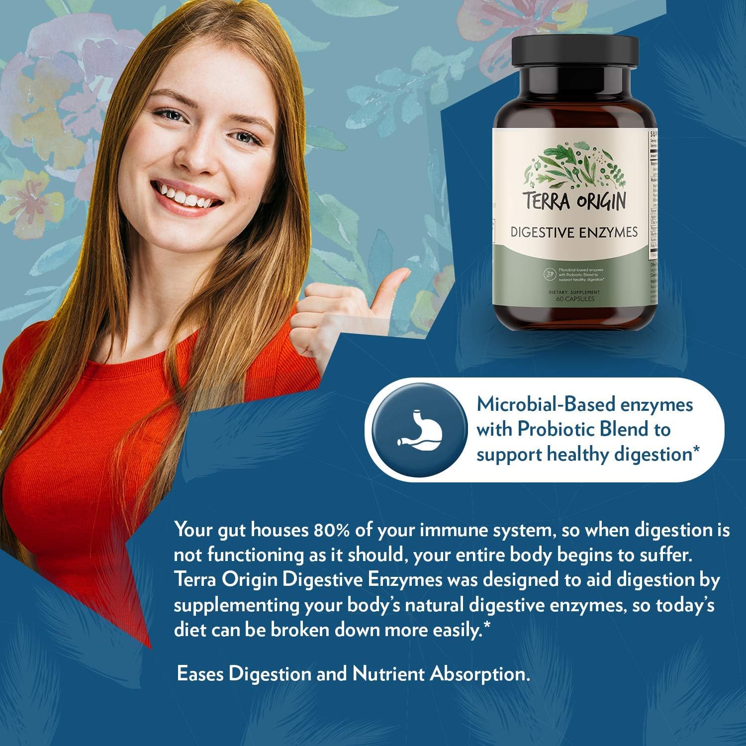 TERRA ORIGIN Digestive Enzymes and Probiotics for Healthy Digestion - Bromelain, Lactase, Amylase, Lipase - 60 Servings, Gluten-Free, USA Made