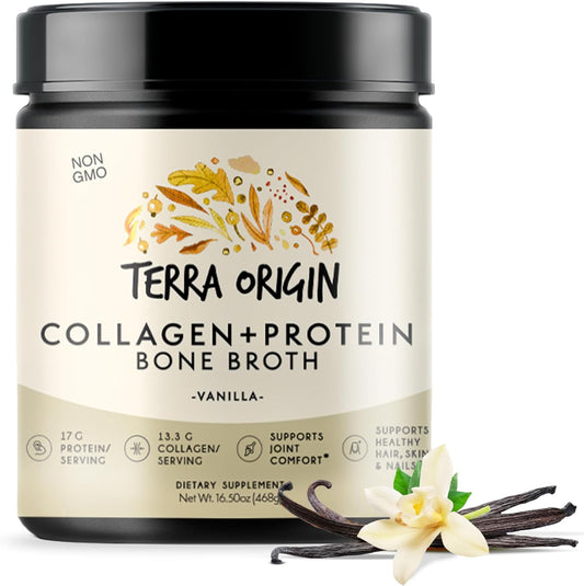 TERRA ORIGIN Vanilla Collagen Protein Bone Broth Powder - 17g Protein for Hair, Skin, Nails, Joints - 20 Servings