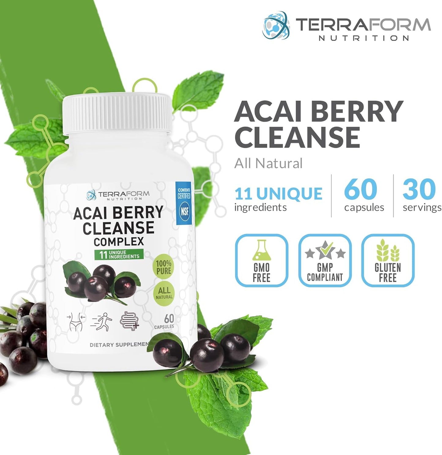 TerraForm Nutrition Natural Acai Berry Cleanse for Liver, Colon & Pancreas Detox - Antioxidant Support for Healthy Digestion - USA Made - 1 Month Supply