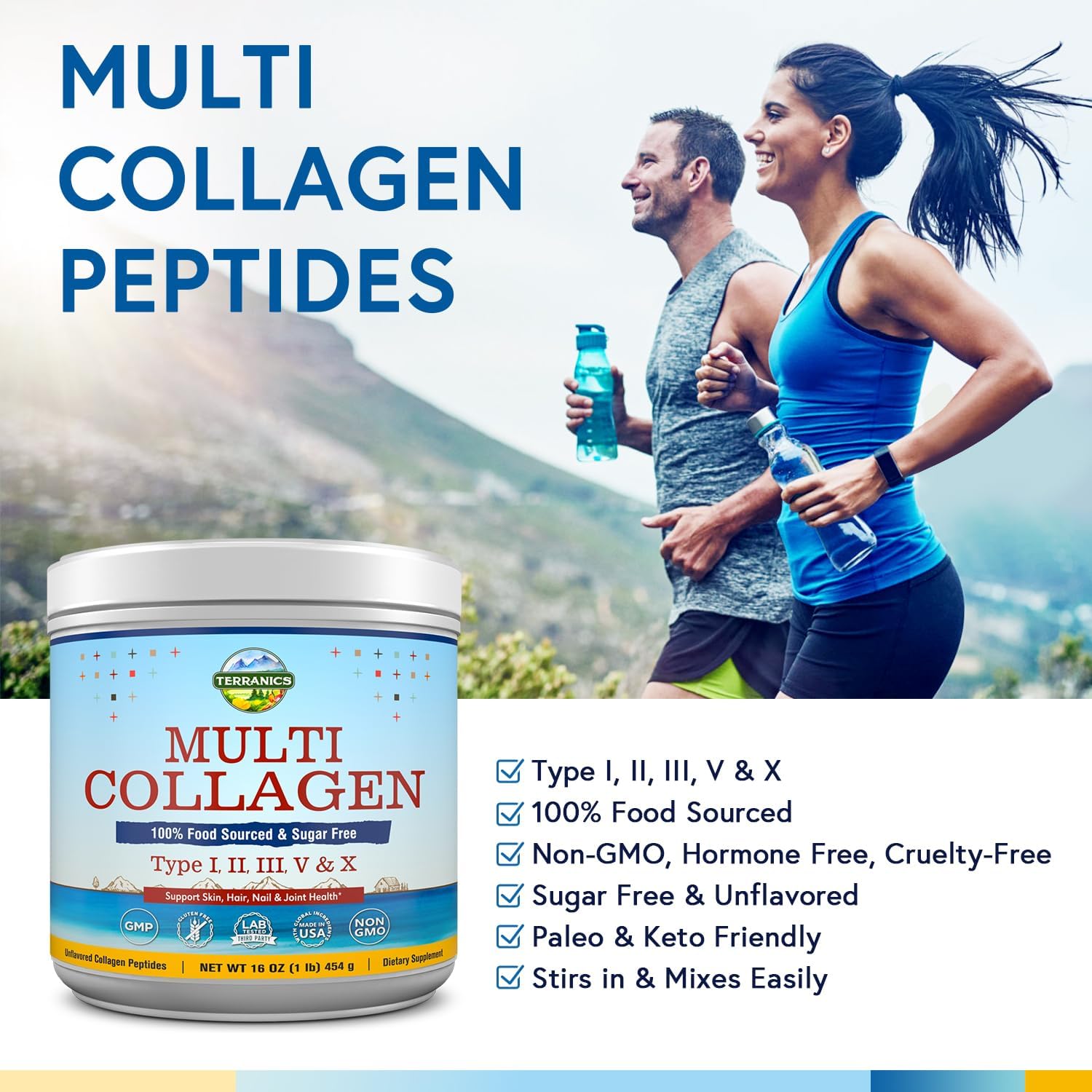 Terranics Multi Collagen Peptides Powder for Skin, Hair & Joints - Hydrolyzed, Unflavored, Keto-Friendly - 16oz