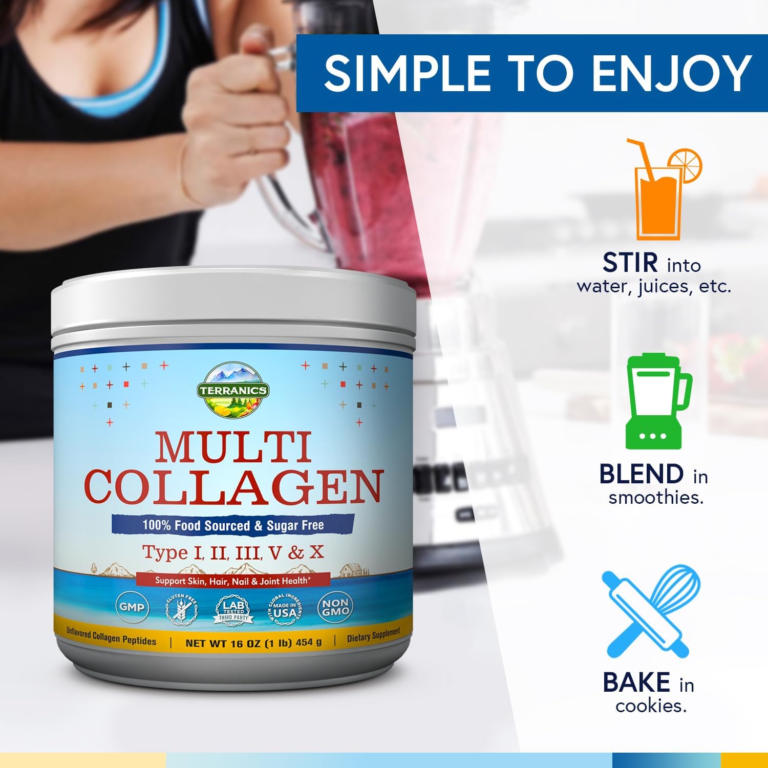 Terranics Multi Collagen Peptides Powder for Skin, Hair & Joints - Hydrolyzed, Unflavored, Keto-Friendly - 16oz