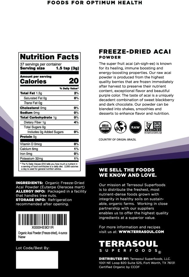 Terrasoul Superfoods Organic Acai Berry Powder, 64 Oz Total, Freeze-Dried Omega Fats Boost, Ideal for Smoothie Bowls and Superfood Recipes