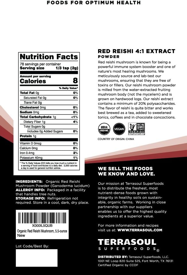 Terrasoul Superfoods Organic Reishi Mushroom Powder (4:1 Extract) 11 Oz (2 Pack) - Immune Boosting, Coffee Enhancer, Deeper Sleep - Natural Superfood Blend