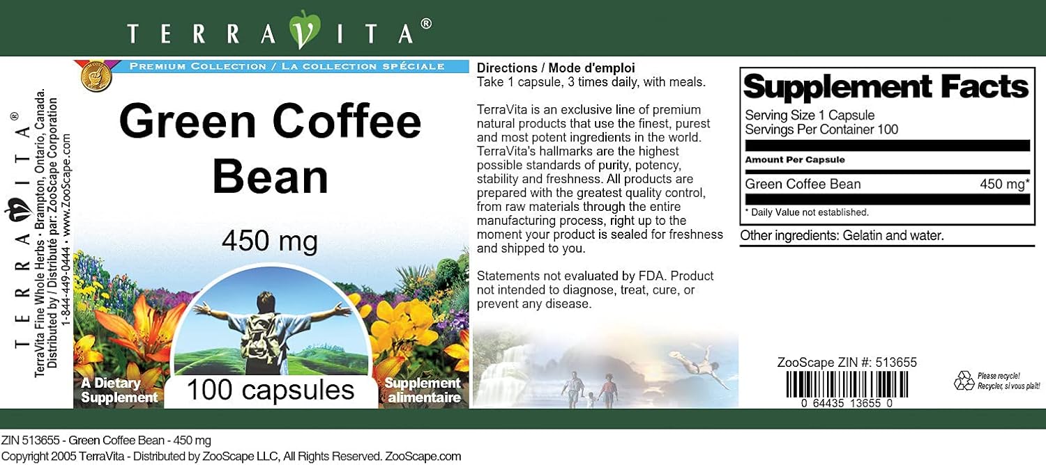 Terravita Green Coffee Bean Capsules, 450mg - 100 Count (Pack of 3)