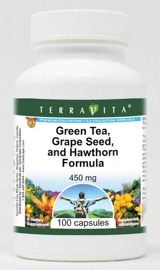 Terravita High Blood Pressure Support Capsules with Green Tea, Grape Seed, and Hawthorn - 450mg (100 Capsules per Bottle, Pack of 3)