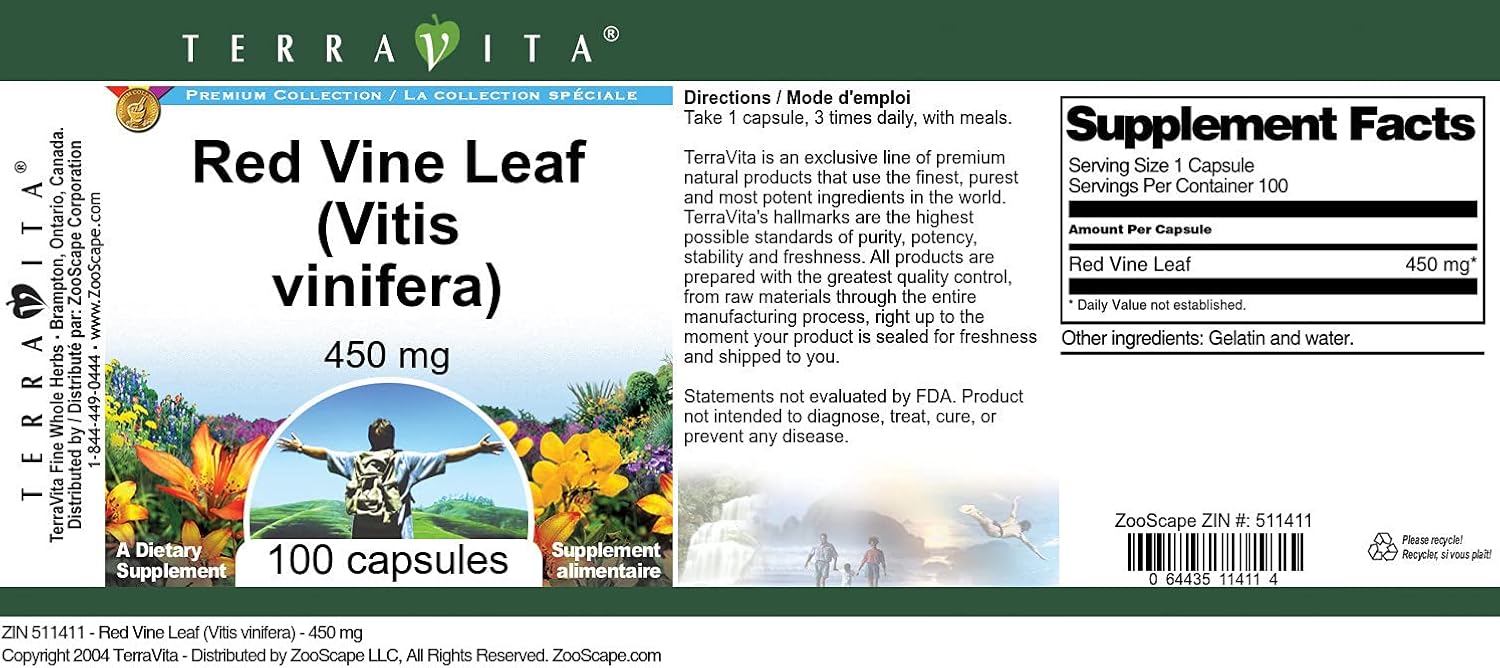 Terravita Red Vine Leaf Capsules 450mg (100ct, ZIN: 511411) - Pack of 3