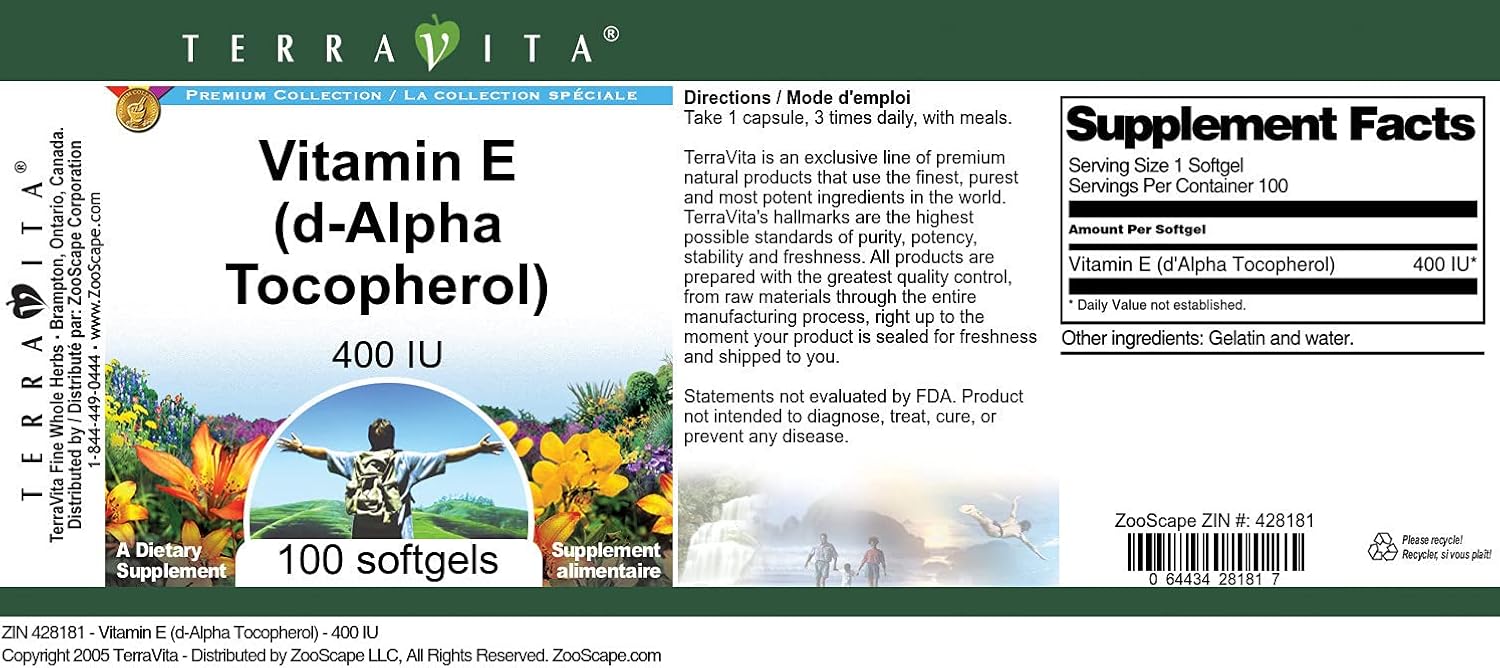Terravita Vitamin E d-Alpha Tocopherol 400 IU Softgels 100 Count (3 Pack) - ZIN 428181