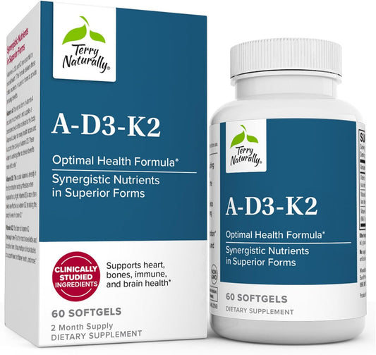 Terry Naturally A.D3.K2 Softgels - Immune, Heart, & Bone Support Supplement - Vitamins A, D3, & K2 for Strong Bones & Heart Health - 60 Servings