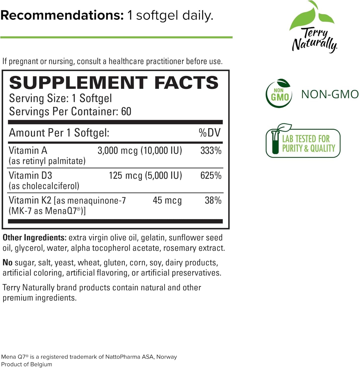 Terry Naturally A.D3.K2 Softgels - Immune, Heart, & Bone Support Supplement - Vitamins A, D3, & K2 for Strong Bones & Heart Health - 60 Servings