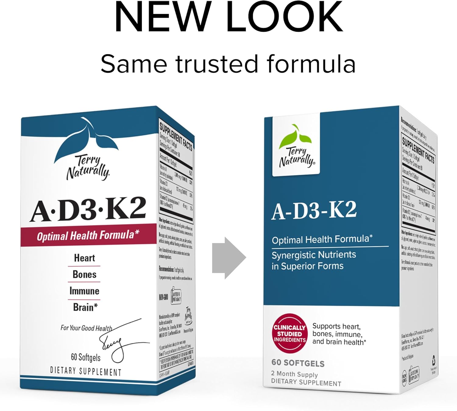 Terry Naturally A.D3.K2 Softgels - Immune, Heart, & Bone Support Supplement - Vitamins A, D3, & K2 for Strong Bones & Heart Health - 60 Servings
