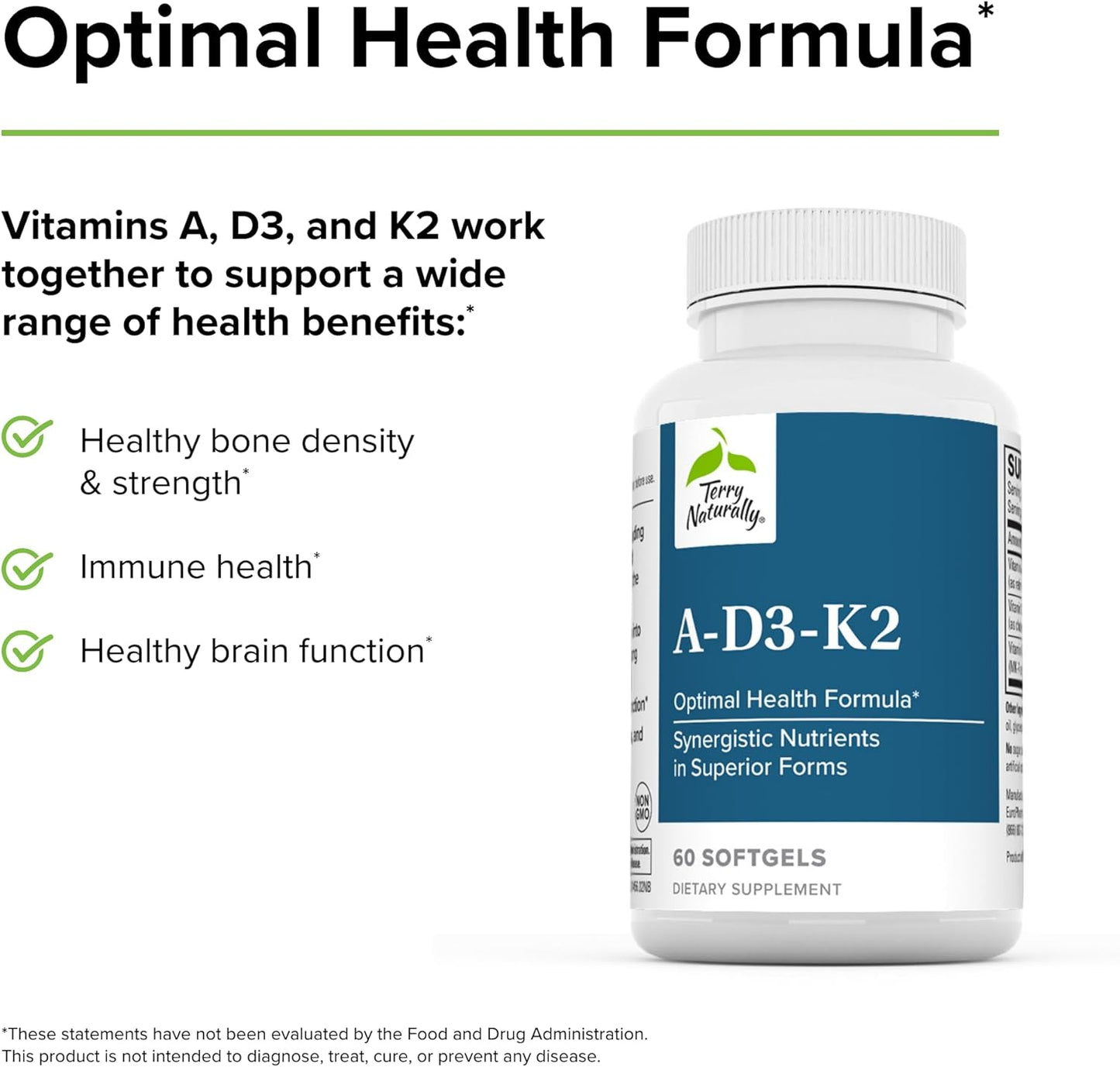 Terry Naturally A.D3.K2 Softgels - Immune, Heart, & Bone Support Supplement - Vitamins A, D3, & K2 for Strong Bones & Heart Health - 60 Servings