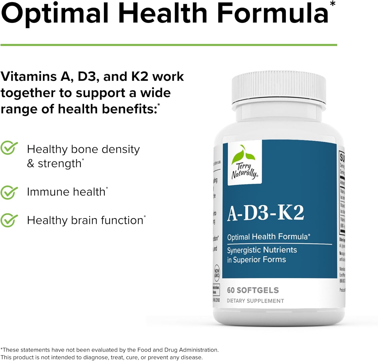 Terry Naturally A.D3.K2 Softgels - Immune, Heart, & Bone Support Supplement - Vitamins A, D3, & K2 for Strong Bones & Heart Health - 60 Servings