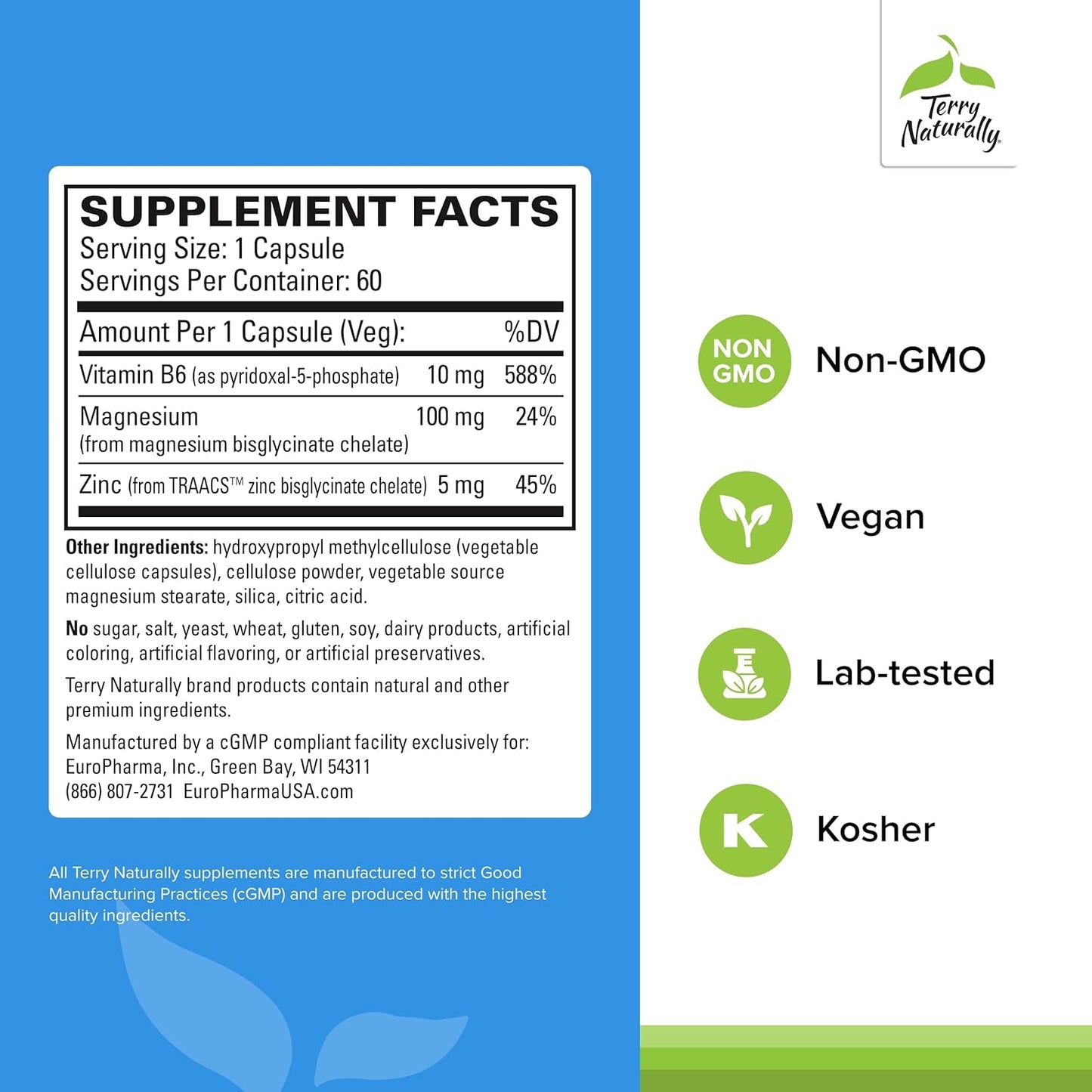 Terry Naturally BioActive Magnesium Complex 240 Capsules - Vitamin B6 & Zinc - Non-GMO, Vegan, Gluten Free - 240 Servings