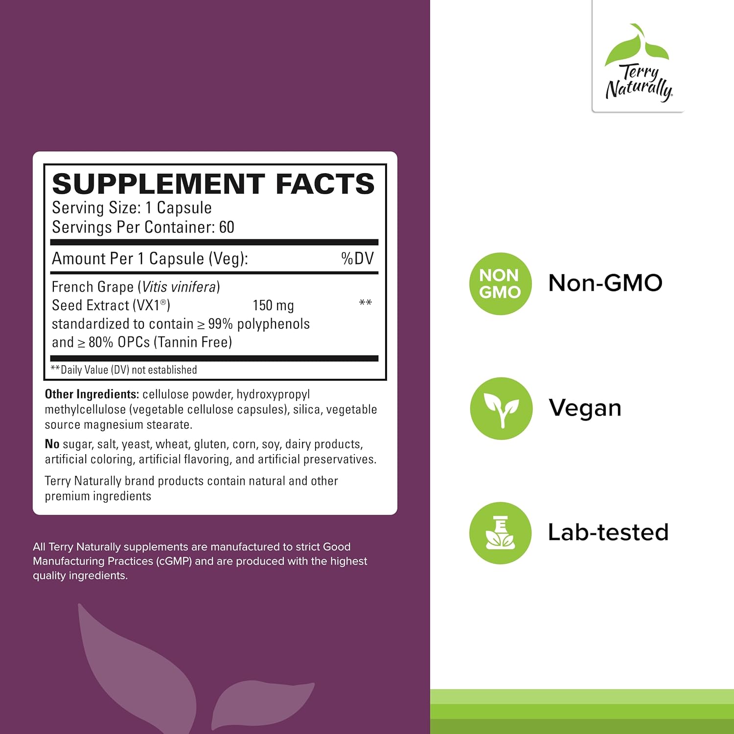 Terry Naturally Clinical OPC 150 mg French Grape Seed Extract Capsules - Antioxidant Supplement - Non-GMO, Gluten Free - 60 Servings