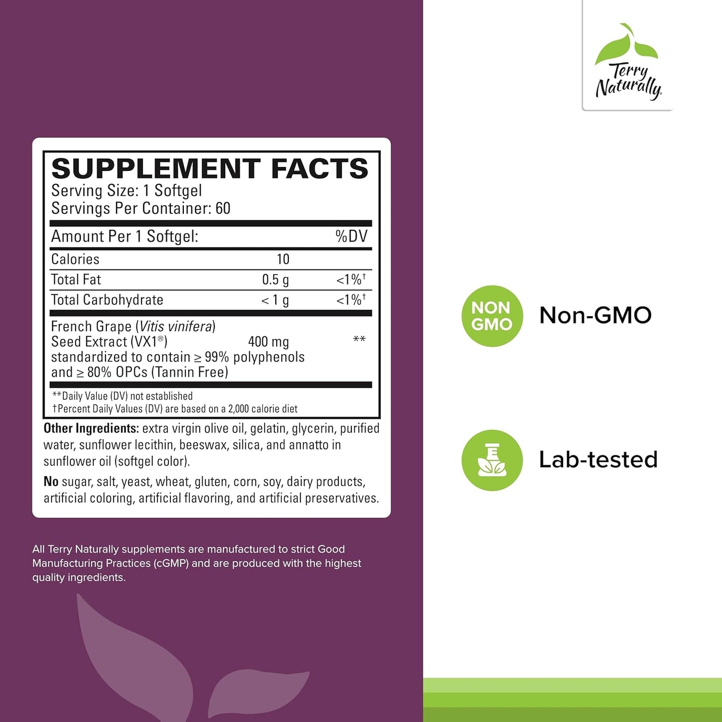 Terry Naturally Clinical OPC Extra Strength Softgels - 2 Pack, 60 Count - 400mg French Grape Seed Extract - Antioxidant Supplement - Non-GMO, Gluten Free - 120 Servings