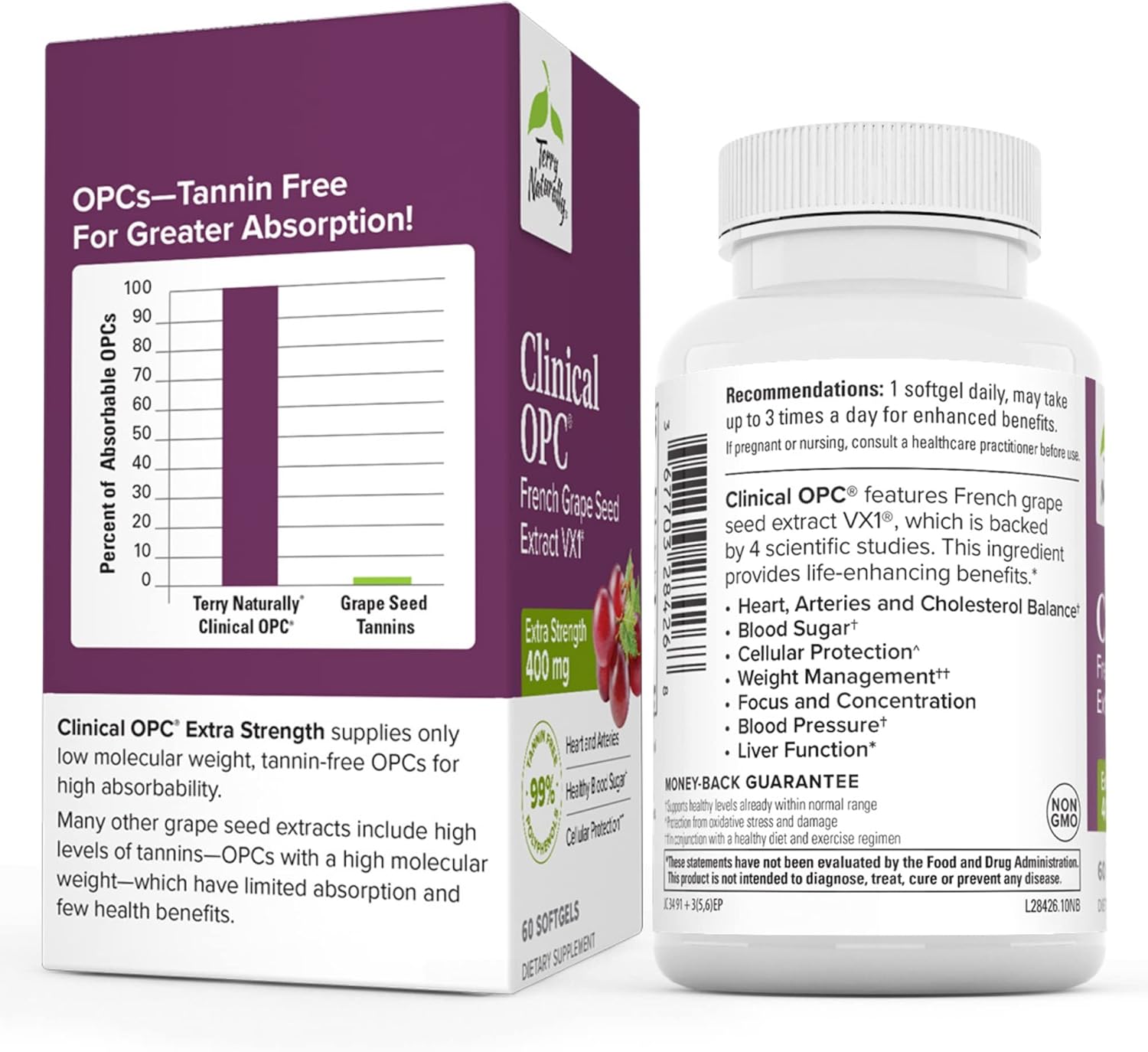 Terry Naturally Clinical OPC Extra Strength Softgels - 3 Pack, 180 Servings - 400mg French Grape Seed Extract - Non-GMO, Gluten Free