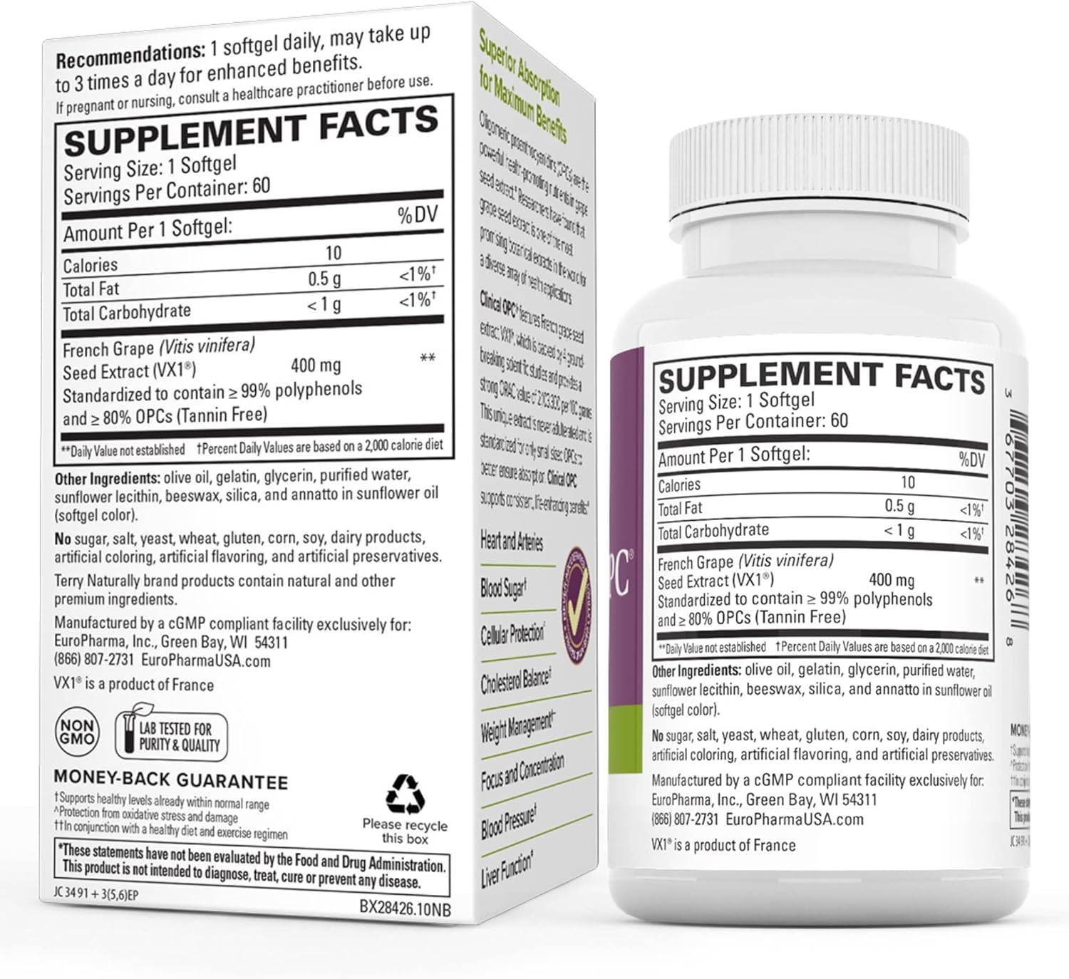 Terry Naturally Clinical OPC Extra Strength Softgels - 3 Pack, 180 Servings - 400mg French Grape Seed Extract - Non-GMO, Gluten Free