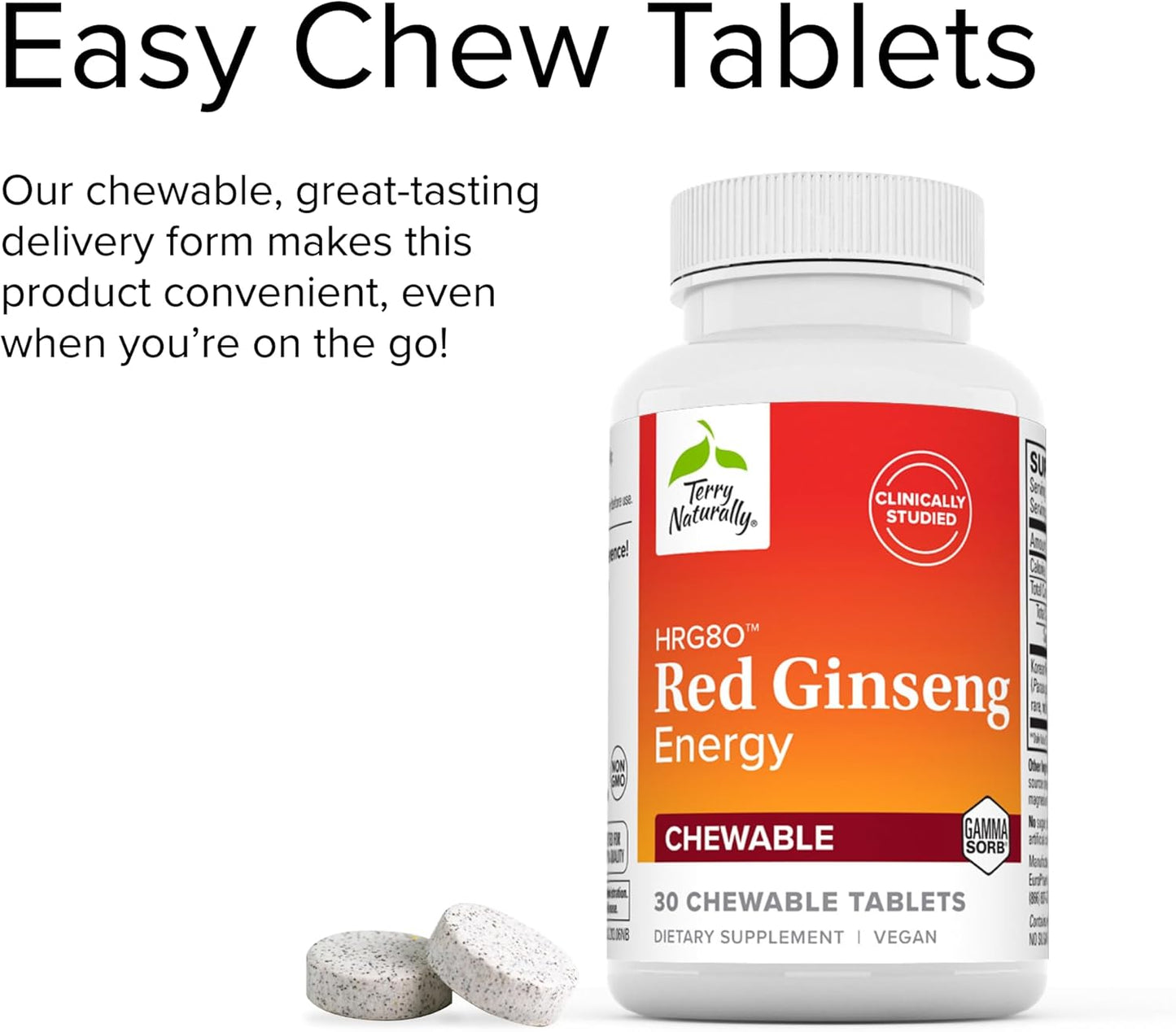 Terry Naturally HRG80 Red Ginseng Energy Chewable Tablets - Supports Healthy Energy, Focus & Endurance - Vegan Herbal Supplement with Korean Red Ginseng Root Powder - 30 Tablets