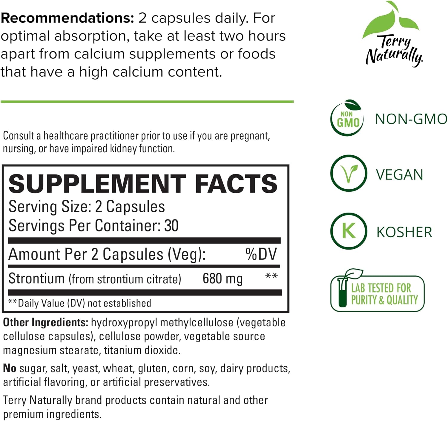 Terry Naturally Strontium Citrate Supplement - Supports Bone Health & Strength - Vegan Capsules for Superior Absorption - 120 Capsules Total