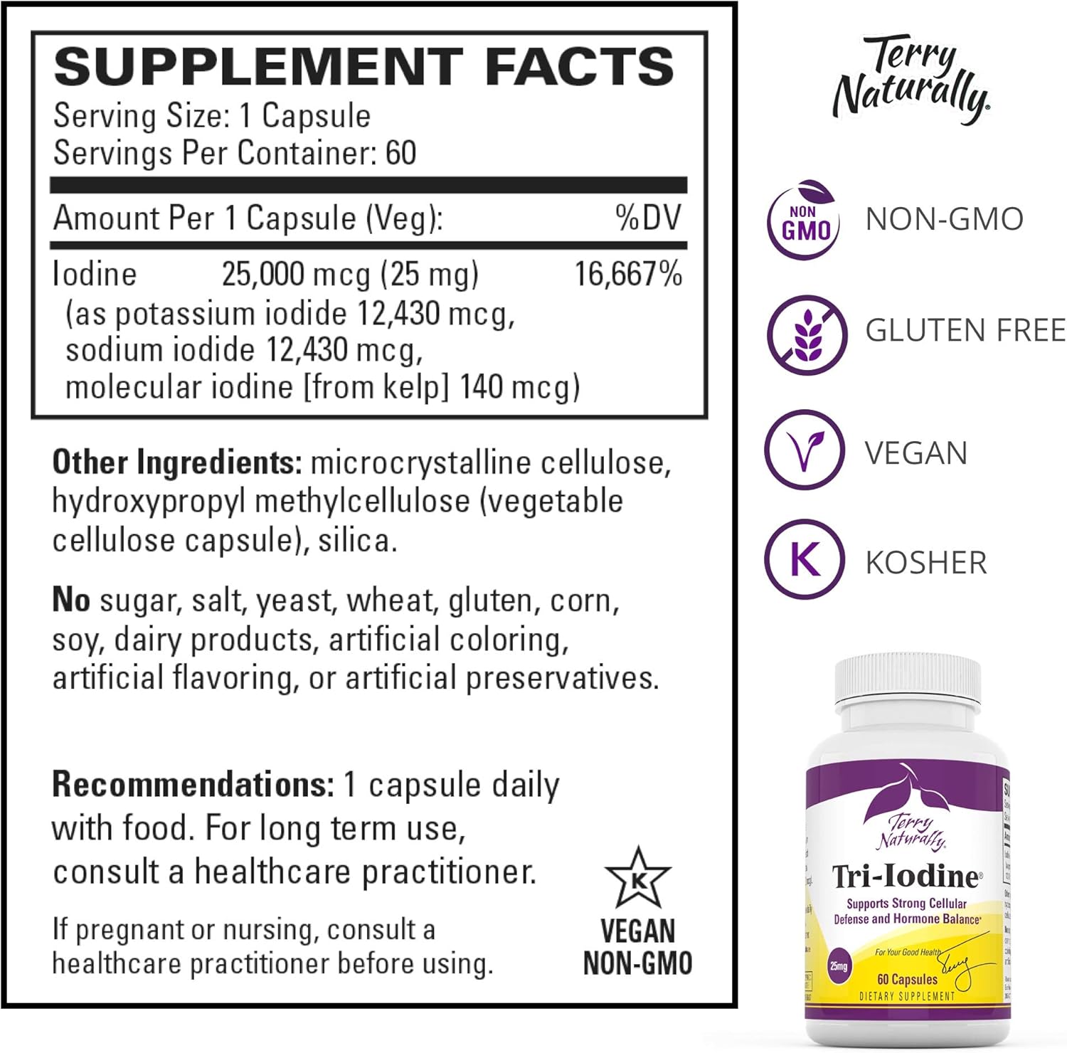 Terry Naturally Tri-Iodine Capsules 25mg - 60 Vegan Capsules, 25000mcg Iodine - Hormone Balance & Breast/Prostate Health - Non-GMO, Gluten-Free, Kosher