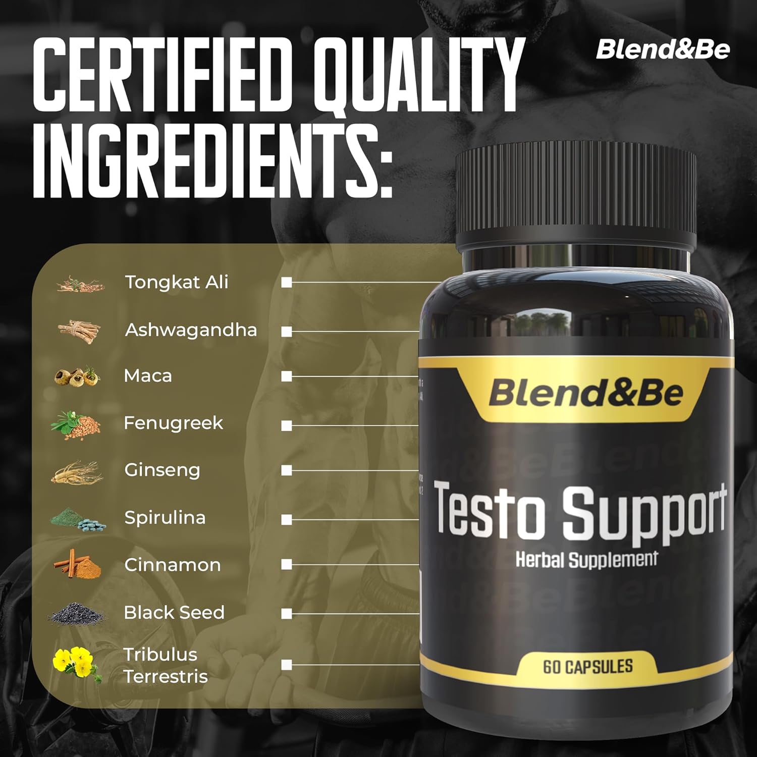 Testo Support Blend | Herbal Dietary Supplement with Tongkat Ali, Fenugreek, Ginseng, Maca, Ashwagandha, Spirulina, Tribulus, Black Seed, Cinnamon | Includes Free E-Book