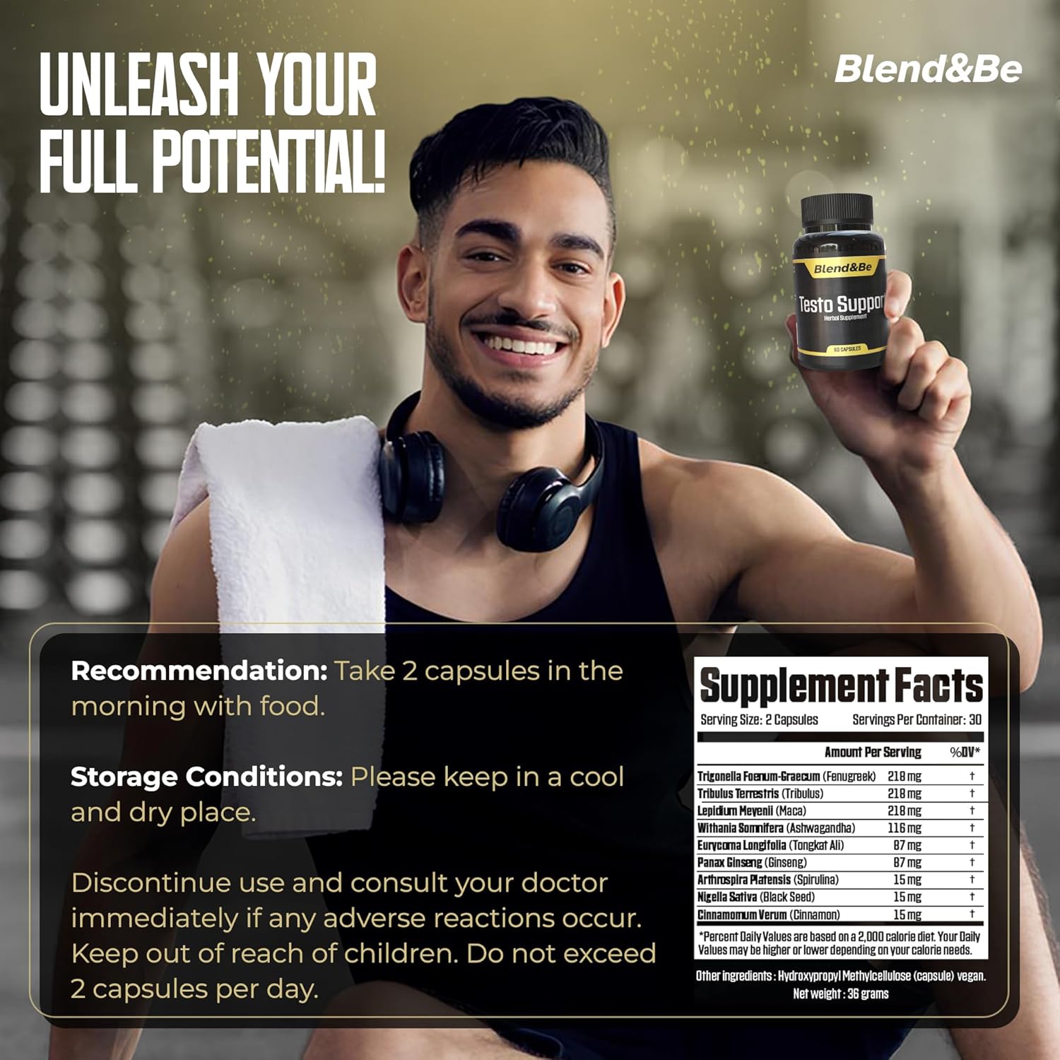 Testo Support Blend | Herbal Dietary Supplement with Tongkat Ali, Fenugreek, Ginseng, Maca, Ashwagandha, Spirulina, Tribulus, Black Seed, Cinnamon | Includes Free E-Book