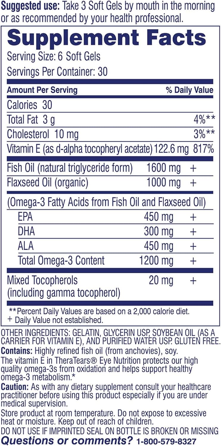 TheraTears Omega 3 Supplement with Organic Flaxseed Triglyceride Fish Oil and Vitamin E, 180 Count Bottle