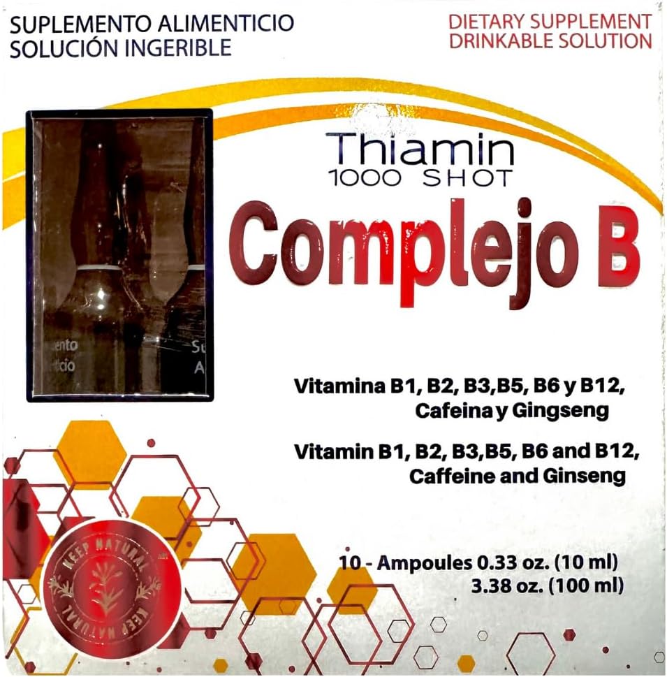 Thiamin B Complex Energy Shot with Multi-Vitamins, Caffeine, Ginseng | 10 Ampoules x 10ml Box | Boost Cognitive Function & Metabolic Health