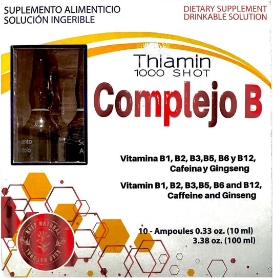 Thiamin B Complex Energy Shot with Multi-Vitamins, Caffeine, Ginseng | 10 Ampoules x 10ml Box | Boost Cognitive Function & Metabolic Health