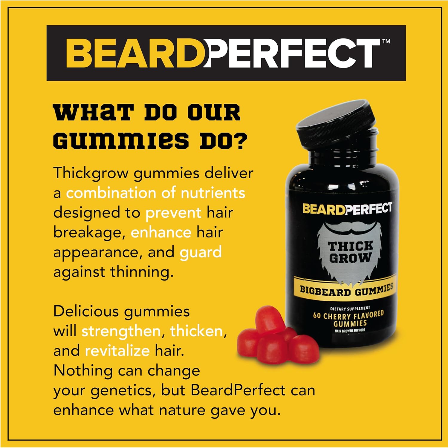 ThickGrow BigBeard Gummies - Stronger, Longer, Thicker Beard Growth Formula with Biotin, B12, and 10+ Vitamins - 60 Cherry Flavored Gummies for Men