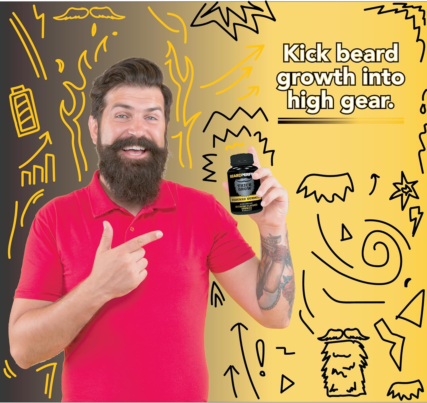 ThickGrow BigBeard Gummies - Stronger, Longer, Thicker Beard Growth Formula with Biotin, B12, and 10+ Vitamins - 60 Cherry Flavored Gummies for Men