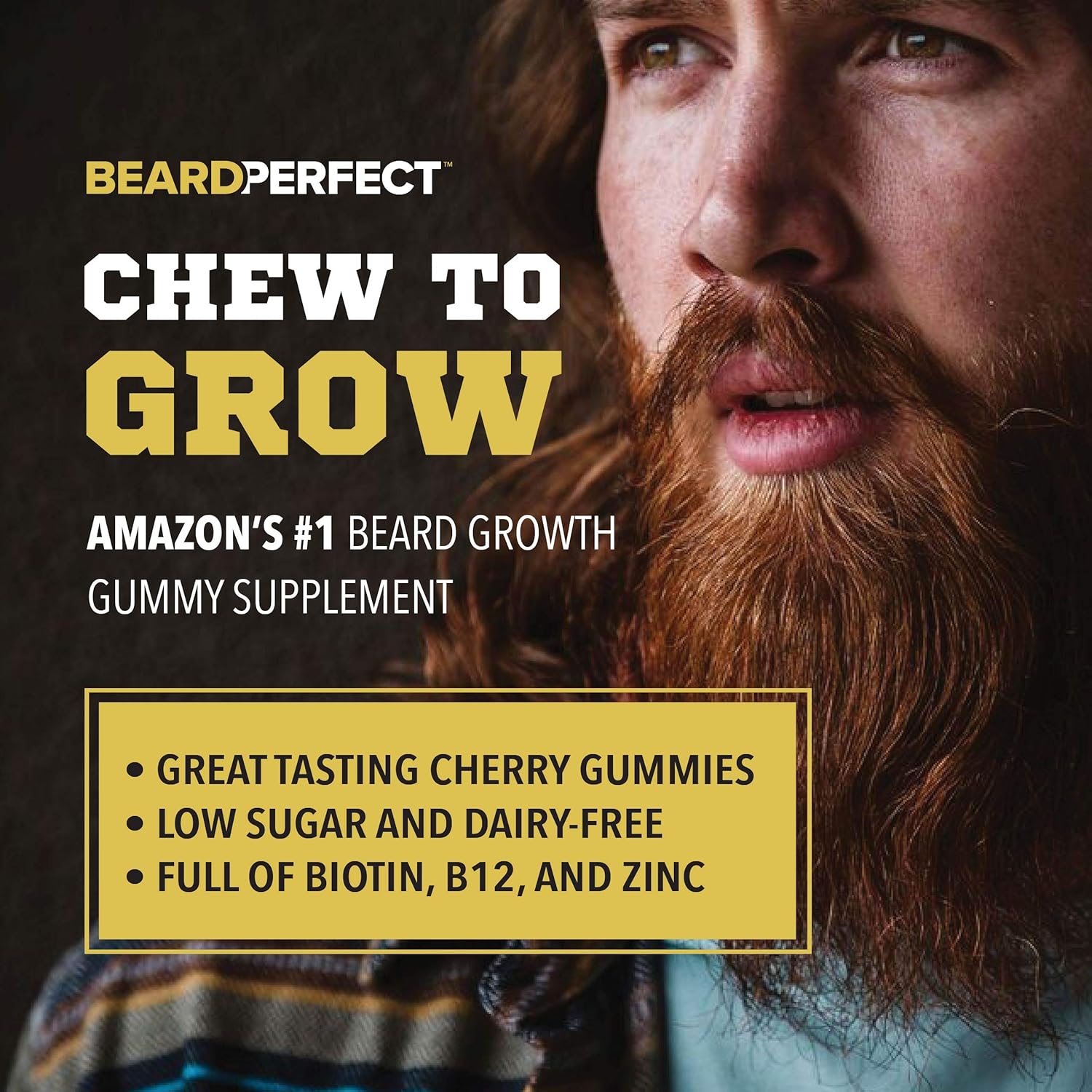 ThickGrow BigBeard Gummies - Stronger, Longer, Thicker Beard Growth Formula with Biotin, B12, and 10+ Vitamins - 60 Cherry Flavored Gummies for Men