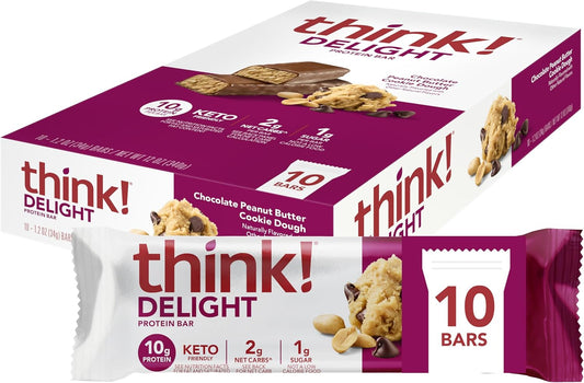 think! Delight Keto Protein Bars Chocolate Peanut Butter Cookie Dough 10 Count - Healthy Low Carb & Gluten Free Snack