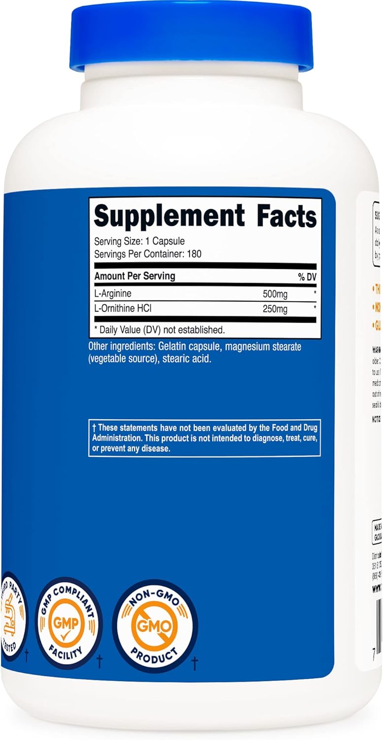 Three Bottles of Nutricost L-Arginine L-Ornithine 750mg Capsules, 180 Count
