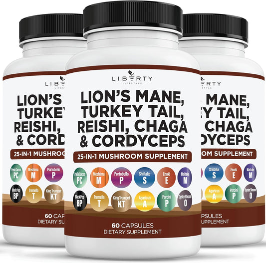 Three-Pack Liberty Lifestyle Lions Mane Mushroom Supplement with Turkey Tail, Reishi, Cordyceps, Chaga, and Marshmallow Root