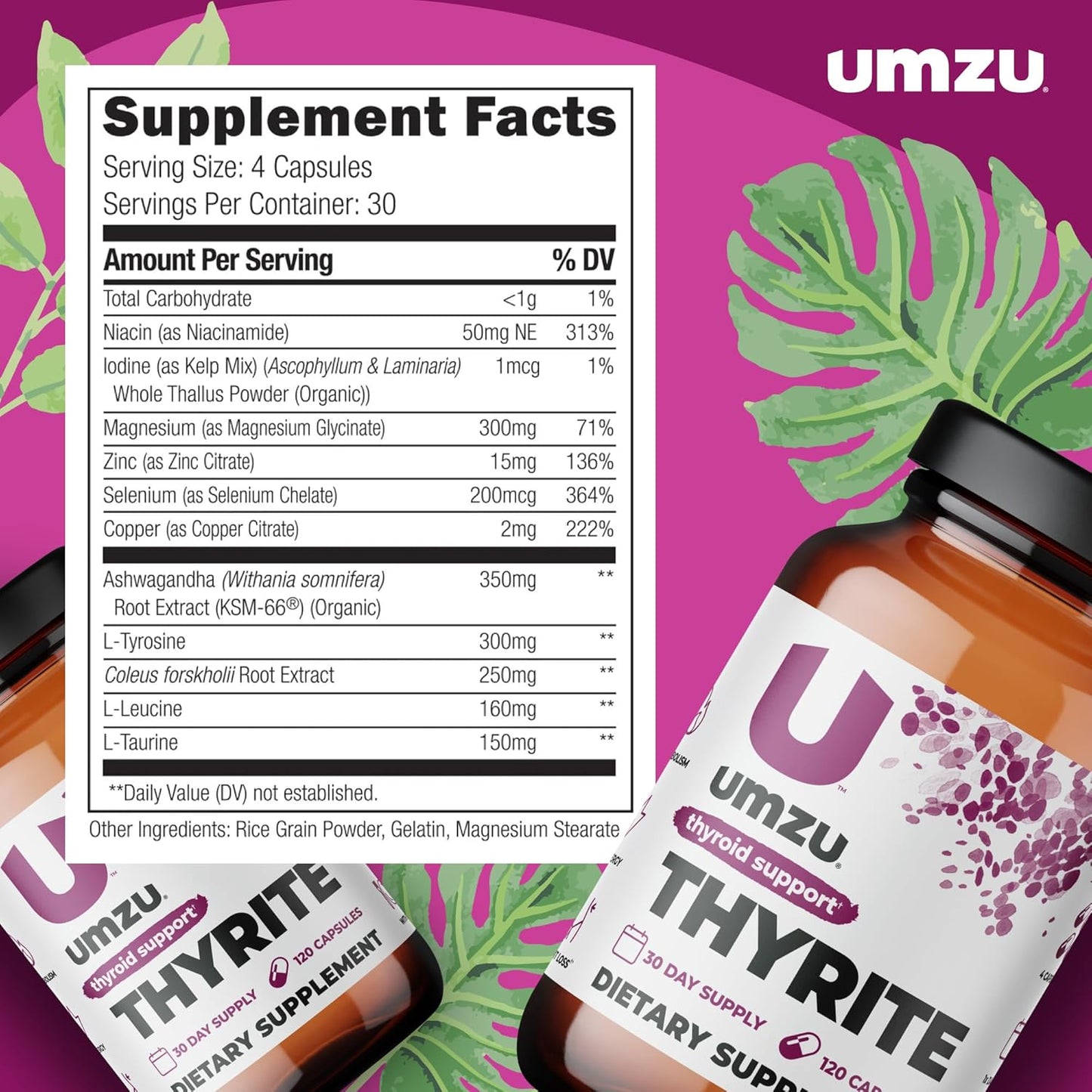 Thyrite Thyroid Support Supplement with Minerals for Healthy Metabolism & Energy - 30 Day Supply - 120 Capsules