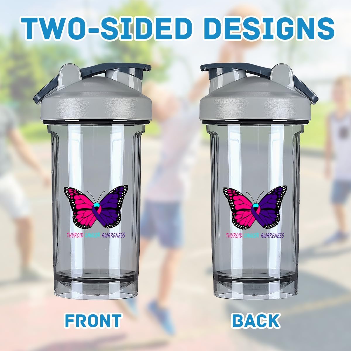 Thyroid Cancer Awareness 18oz Shaker Bottle for Protein Shakes - Leak-proof Mixer for Pre Workout and Meal Replacement - Gray Color