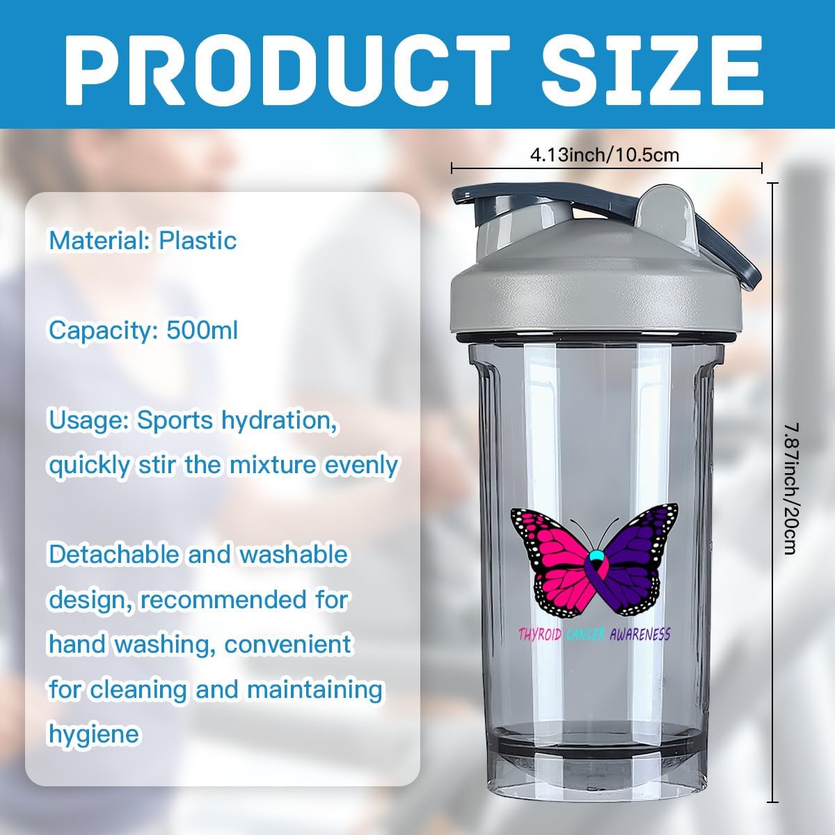 Thyroid Cancer Awareness 18oz Shaker Bottle for Protein Shakes - Leak-proof Mixer for Pre Workout and Meal Replacement - Gray Color