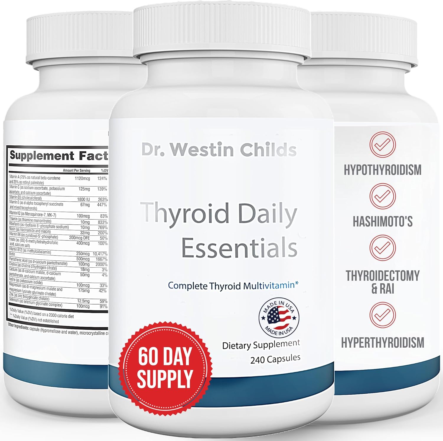 Thyroid Daily Essentials Multivitamin for Women - Immune & Stress Support - Iodine, Zinc, Selenium, Fulvic Acid - 240 Capsules