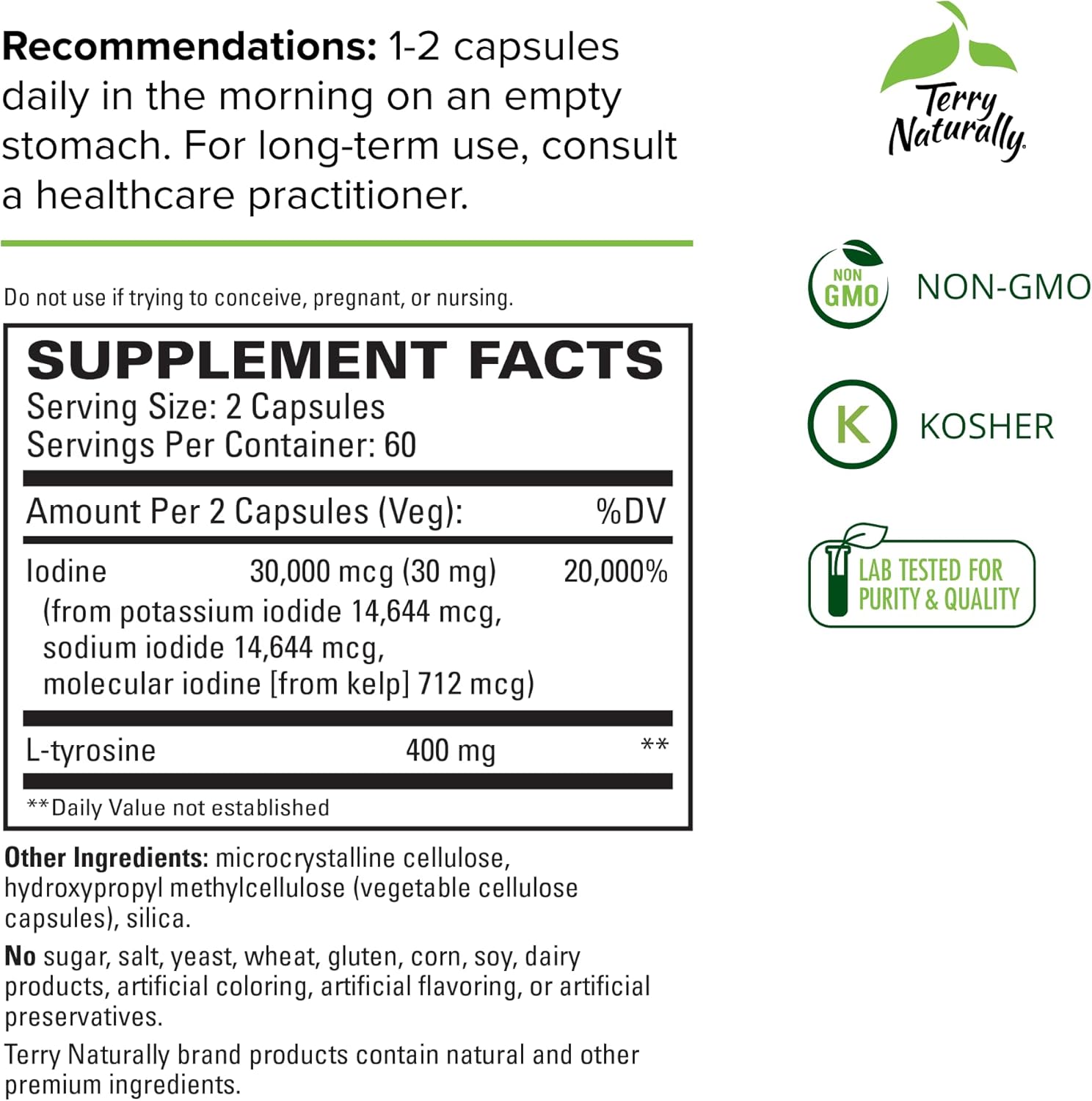 Thyroid Support Capsules with Iodine & L-Tyrosine for Metabolic Function - Non-GMO, Gluten Free, Kosher - 120 Capsules
