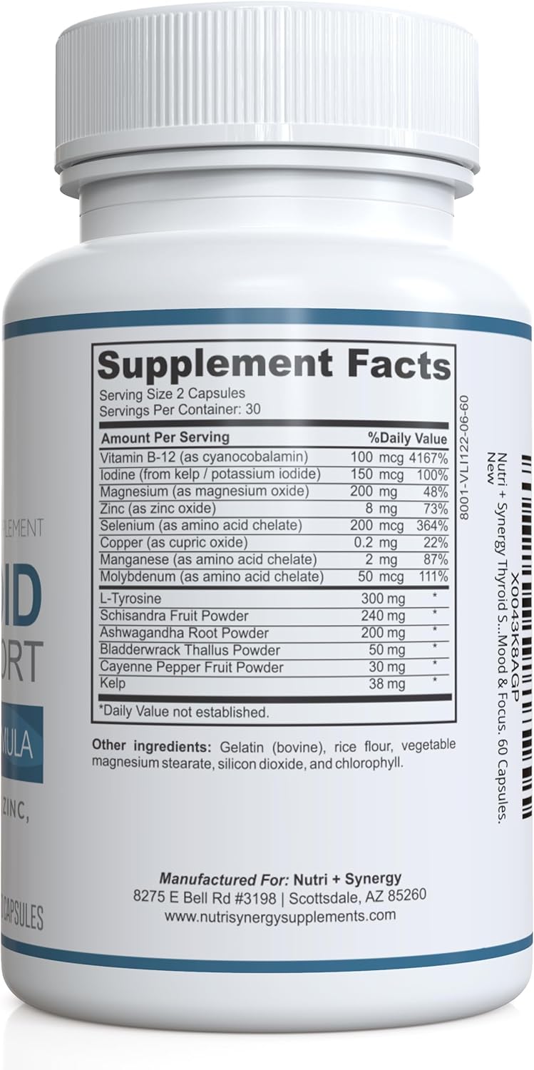 Thyroid Support Capsules with L-Tyrosine, Iodine, Vitamins & Minerals for Healthy Thyroid Function, Energy, Mood & Focus - 60 Count