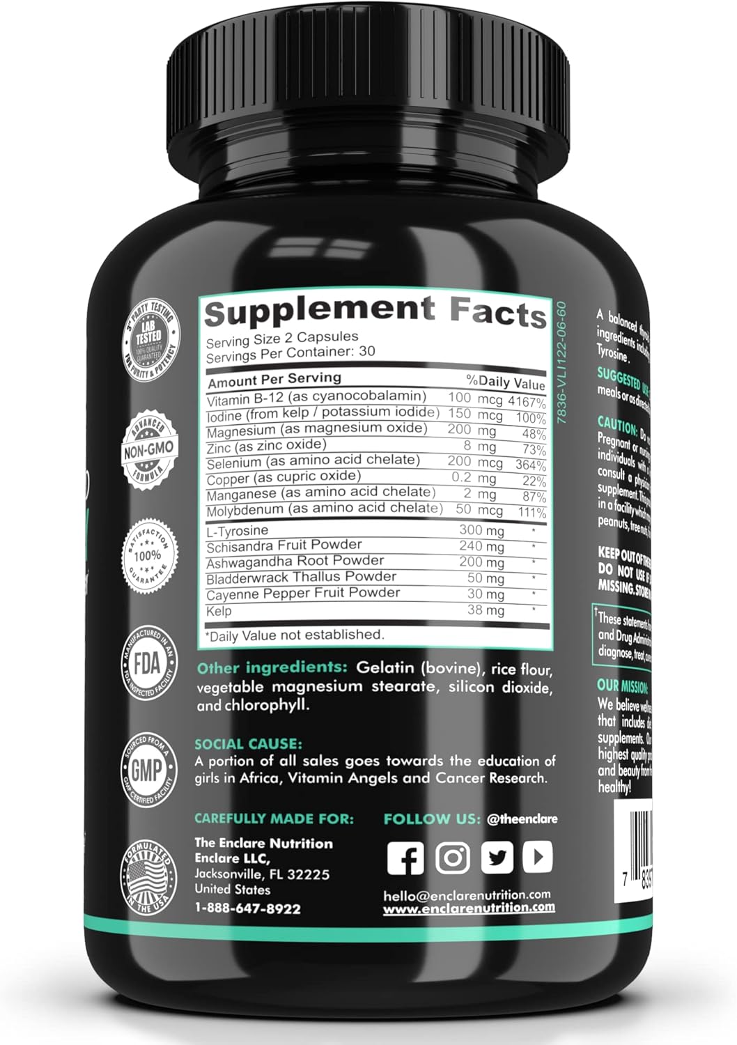 Thyroid Support Supplement for Energy, Metabolism, and Mood Balance with Iodine, Ashwagandha, and Zinc - Enclare Nutrition Formula