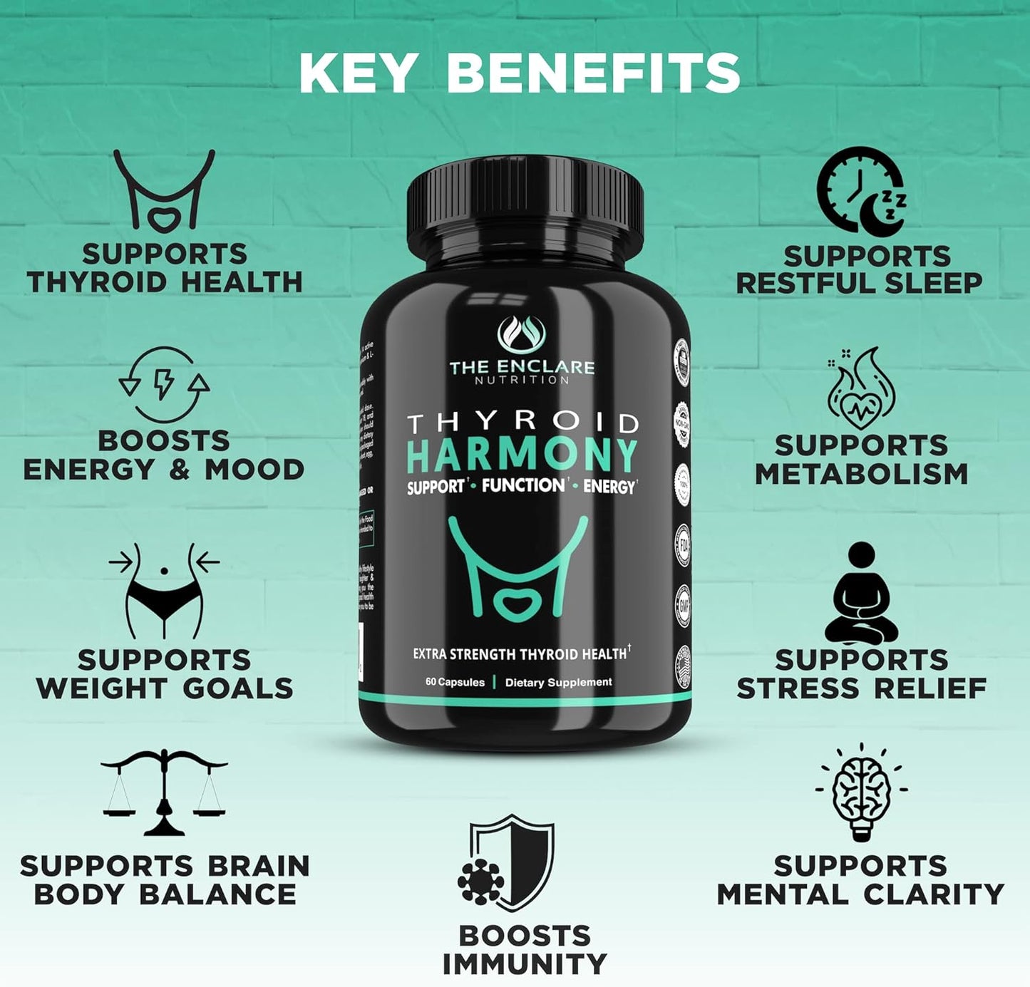 Thyroid Support Supplement for Energy, Metabolism, and Mood Balance with Iodine, Ashwagandha, and Zinc - Enclare Nutrition Formula