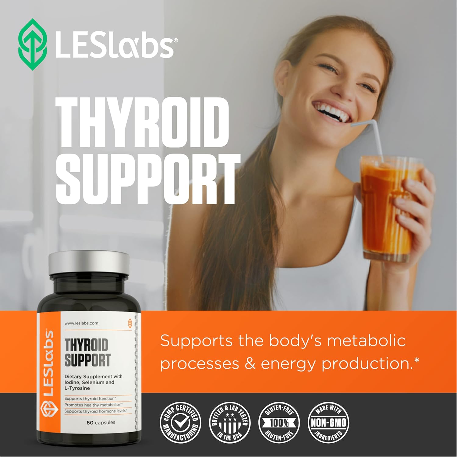 Thyroid Support Supplement for Metabolic Health, Energy, Focus - Iodine, L-Tyrosine, Ashwagandha, Selenium, Turmeric - Non-GMO - 60 Caps