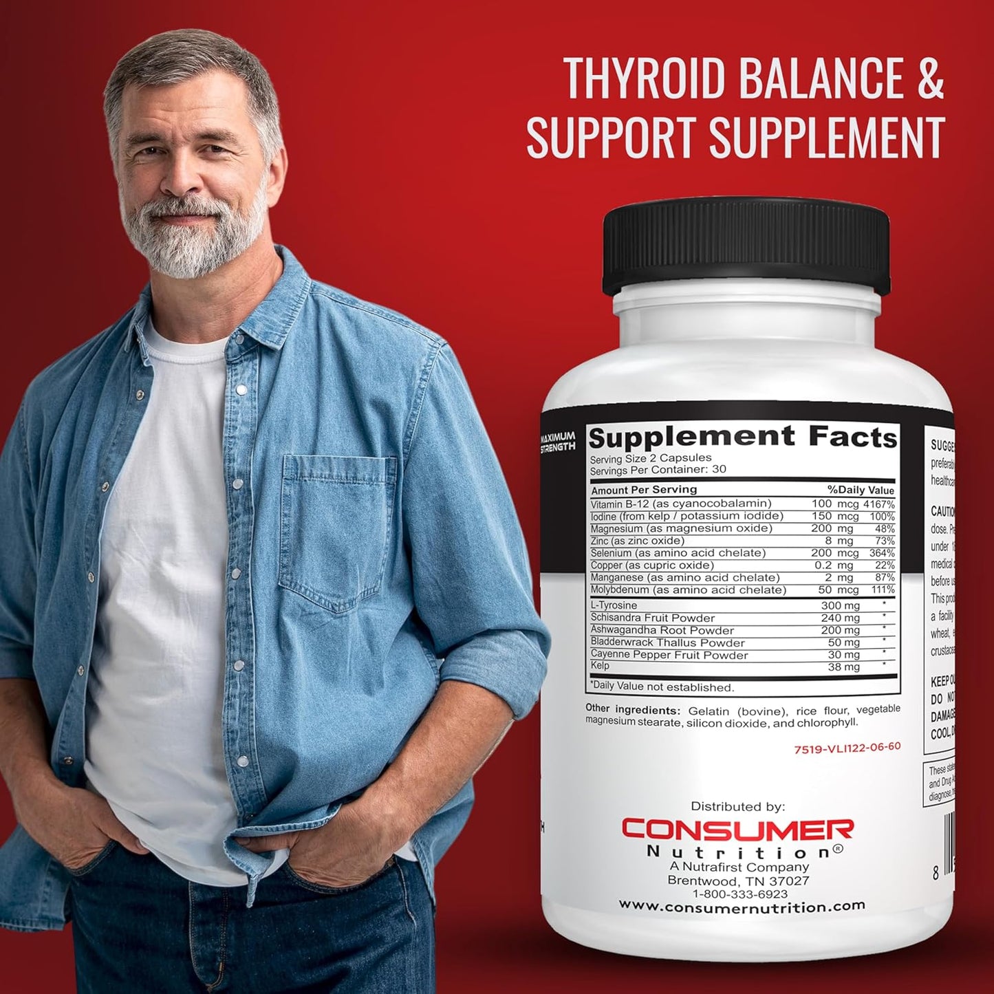 Thyroid Support Supplement with Ashwagandha, Cayenne, Schisandra, Kelp, Zinc, Vitamin B12 & Iodine - 30 Capsules for Men & Women