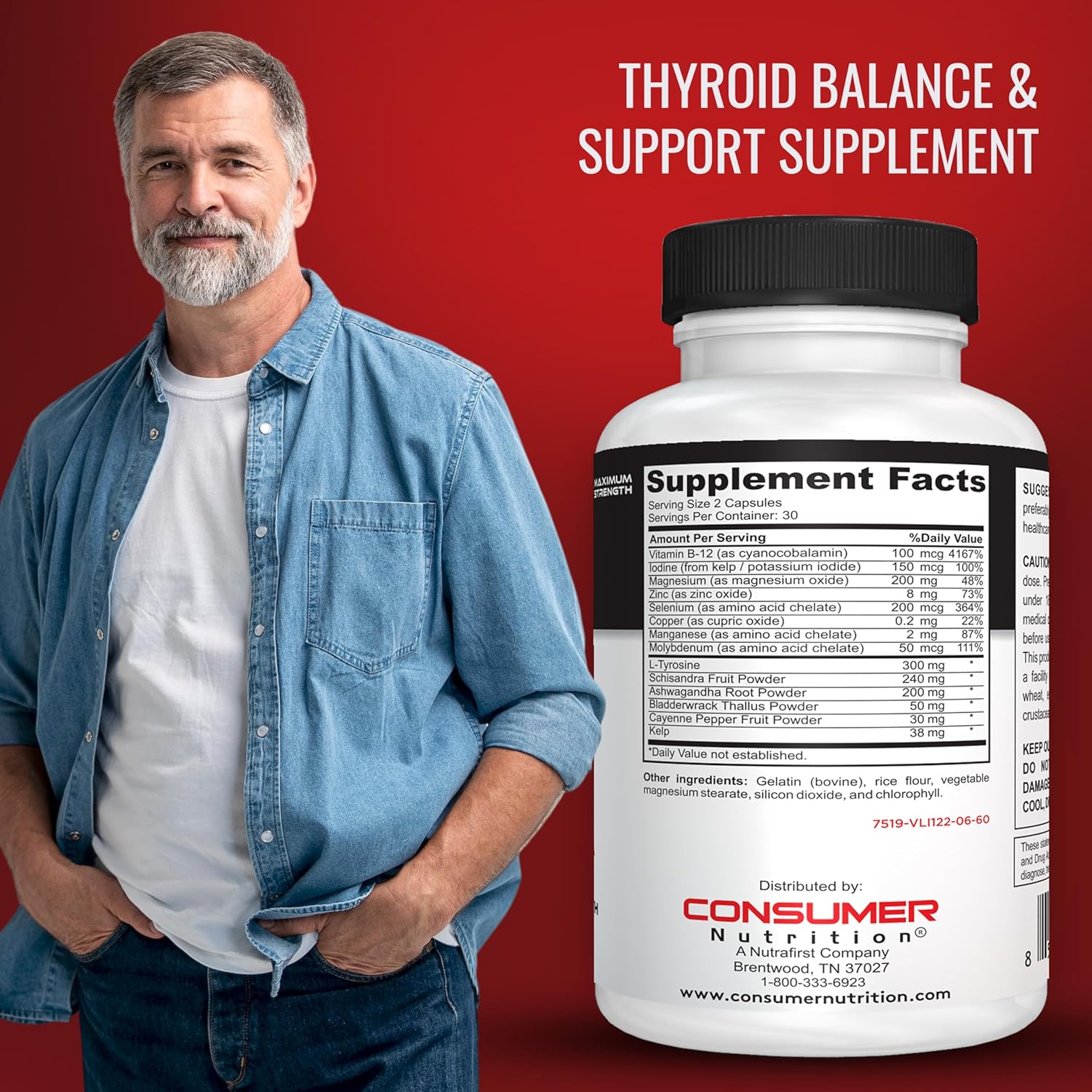 Thyroid Support Supplement with Ashwagandha, Cayenne, Schisandra, Kelp, Zinc, Vitamin B12 & Iodine - 30 Capsules for Men & Women