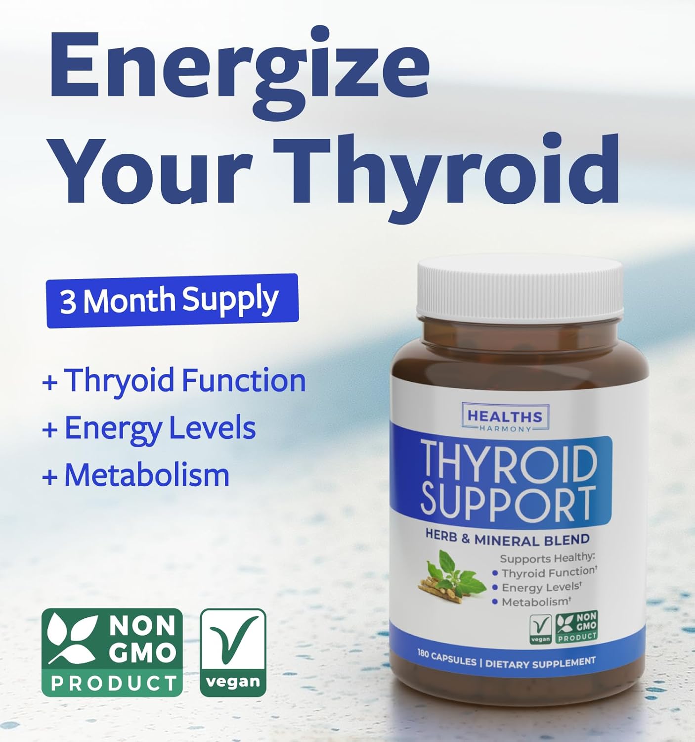 Thyroid Support Supplement with Iodine, Ashwagandha, Zinc, Selenium, Vitamin B12 - 180 Capsules - Non-GMO - Energy Boost - Women & Men - 90 Day Supply